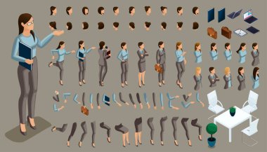 Bir kadın elinin hareketleri, üç boyutlu bir iş kadını karakteri yaratmak için izometrik bacak pozisyonu. Karakterinizi ve grubunuzu farklı ifadelerle oluşturun