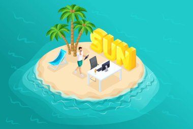 Okyanusun ortasındaki 3D izometrik cennet adası, erkek bir serbest çalışıyor ve tropik bir palmiye ağacının altında dinleniyor. Vektör çizimleri için