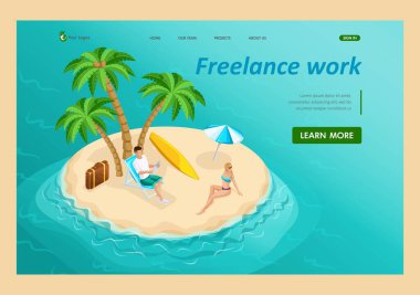 Okyanusun ortasındaki Isometric cennet adası, erkek serbest çalışan, sahilde güzel bir kız, tropik palmiye ağaçları, tatil. İniş Sayfası Kavramı