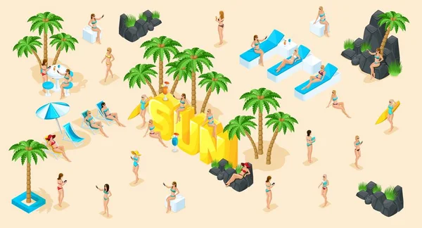 アイソメトリックベクトルの人々,水着ビーチで3Dの女の子を設定,日光浴,石,大きな単語の夏のベクトルイラスト — ストックベクタ