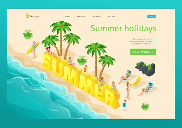 Trendy isometric people vector, 3d girls word summer, beach recreation, girls in swimsuit, palms, sand bright summer vector illustration. Landing Page Concept — Stock Vector