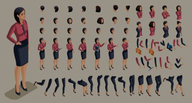 Geniş ölçekli insanlar kendi karakterlerini yaratmak için izometrik duygular yaratırlar. 3D işi, elleri ve duyguları olan Afro-Amerikan bir kadın. Vektör için