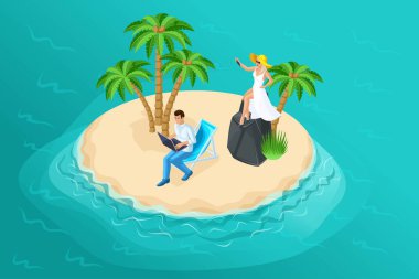 Okyanusun ortasındaki 3D izometrik cennet adası, tropik bir palmiye ağacının altında çalışan serbest bir adam, selfie çeken bir kız. Vektör çizimleri için
