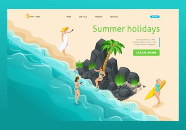 Modayı takip eden Isometric vektörleri, taş plajda mayo giyen 3 boyutlu kızlar. Tatil, tur, seyahat, palmiye ağaçları vektör çizimi. İniş Sayfası Kavramı