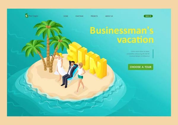 3D isometric paradise island in the middle of the ocean, male businessman relaxing under a tropical palm tree with girls For vector illustrations. Landing — Stock Vector