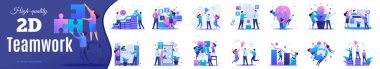 Set Flat Concepts of Teamwork in Business. Young teams start businesses, attract investments, celebrate victory. For Vector Illustrations clipart