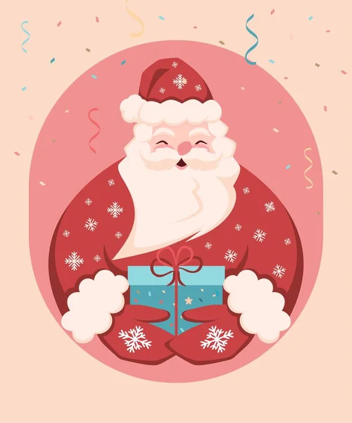 Ilustração de Natal colorida. O Pai Natal alegre está a segurar um presente nas mãos. Excelente ilustração para a decoração de Vector Cards — Vetor de Stock