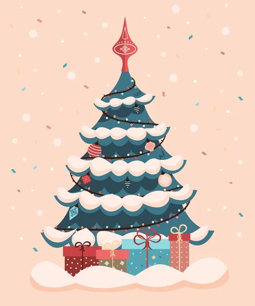 Барвиста різдвяна ілюстрація. Ялинку прикрашають гірляндою та ялинковими іграшками. На гілках сніг, є святкові подарунки — стоковий вектор