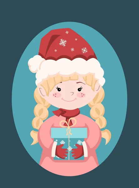Vánoční ilustrace pro použití jako Card Design. Holčička s krásnými copánky a kloboukem, držící dárky v rukou. Vektorová ilustrace — Stockový vektor