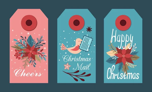 一套圣诞标签。图上装饰着冷杉枝条和花朵，一种喙上有字母的鸟。用于矢量编辑 — 图库矢量图片
