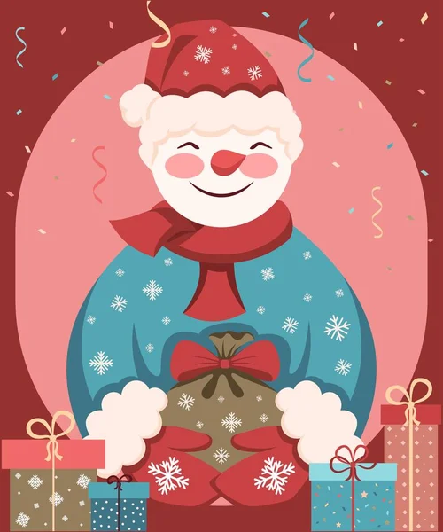 Ilustração de Natal colorida. Happy Snowman tem um saco de presentes nas mãos. Excelente ilustração para a decoração de Vector Cards — Vetor de Stock