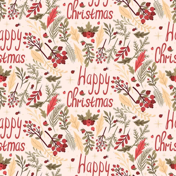 Padrão sem costura bonito com elementos florais e galhos Elementos. Ilustração para decorar imagens vetoriais. Feliz Natal. Textura para impressão e design de vestuário — Vetor de Stock