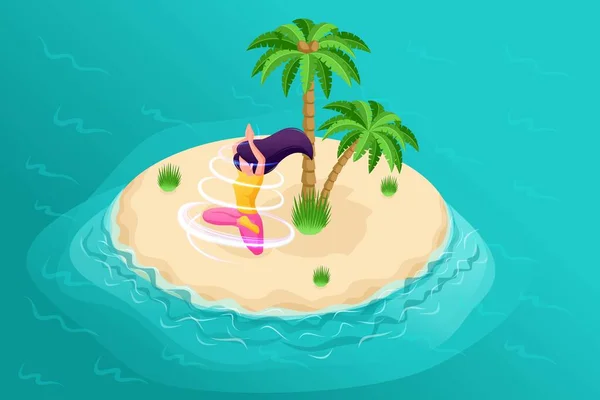 3D isometria, uma menina medita na praia, meditar onde quiser, desfrutar da natureza. Ilustração de alta qualidade para publicidade — Vetor de Stock