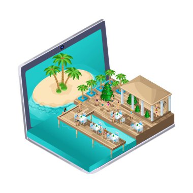3D Isometric Yeni Yıl Partisi deniz kenarında. Reklam turları konsepti. İnternetten dairelerin izlenmesi, internet üzerinden bir tur seçilmesi, kutlamalar ve tatiller için daireler seçilmesi.