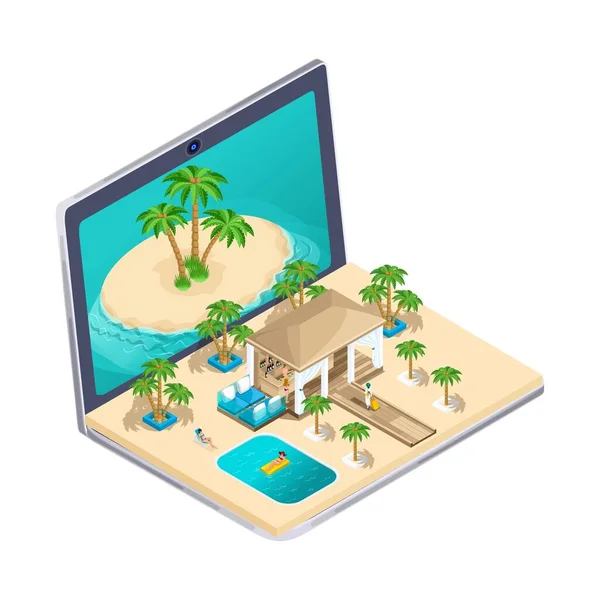 Üç boyutlu Isometric. Reklam turları konsepti. İnternet üzerinden dairelerin çevrimiçi görünümü, turların seçimi, dinlenmek için konutların ve bungalovların seçimi