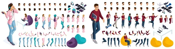 Gran conjunto isométrico de gestos de manos y pies de una mujer y hombres 3D adolescente, estudiante, startup. Cree su carácter isométrico para ilustraciones vectoriales — Vector de stock