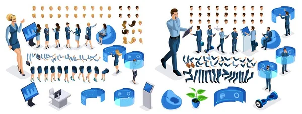 Isometric business lady and businessman with gadgets. Create your character, a set of emotions, gestures of hands, feet, hairstyles. Set 3 — Stock vektor