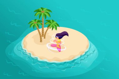 Üç boyutlu izometri, denizde palmiye ağaçları olan bir ada, doğada yalnız başına sabah meditasyonu yapan güzel bir kız. Reklamcılık için yüksek kaliteli illüstrasyon
