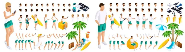 Isometric Set gerakan tangan dan kaki gadis-gadis dan pria Remaja 3d, istirahat, gadis-gadis dan pria di pantai. Buat karakter Anda untuk gambar vektor - Stok Vektor