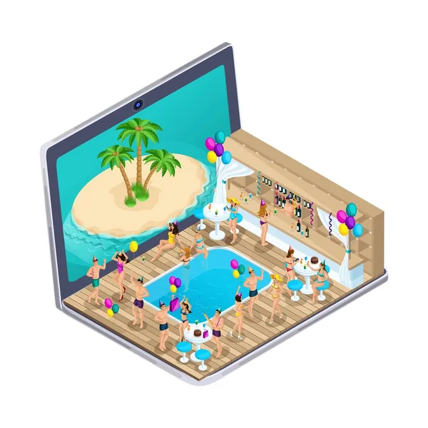 Isométrie 3D. Concept publicitaire des visites. Visionnement en ligne d'appartements, choix d'une visite via Internet, choix d'appartements pour les célébrations et les vacances. Pour illustration vectorielle — Image vectorielle