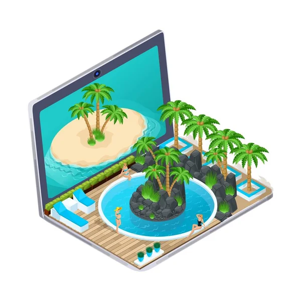 3D isometrisch. Reclame concept van reizen. Online bekijken van appartementen, kiezen voor een tour via internet, vakantie voor zwangere vrouwen. Voor vectorillustratie — Stockvector