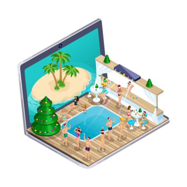 Sahilde 3 boyutlu Isometric yeni yıl partisi. Reklam turları konsepti. Çevrimiçi apartman görüntüleme, internet üzerinden bir tur seçme, apartman seçimleri..