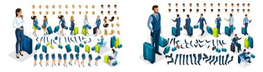 Isometric havaalanında senin karakterini, iş kadınını ve iş adamını yarattı. Bir dizi el hareketi, ayak, karakterin duyguları, farklı saç şekilleri. 4. Set
