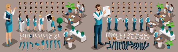 Isometric 3D fille et homme employés de banque, un ensemble de gestes de la main et du pied, coiffures, émotions pour créer votre personnage. Créez un groupe de caractères uniques. Set 3 — Image vectorielle