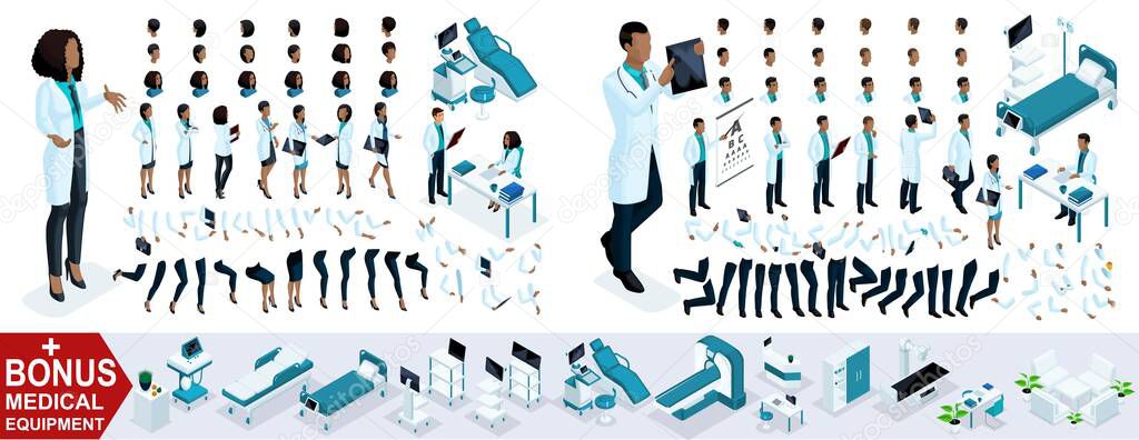 Isometric Woman and Man Doctor African American, create your 3D surgeon, sets of gestures of the feet, hands and emotions. Bonus medical equipment, set 5