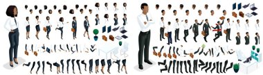 Büyük izometrik el hareketleri ve Afro-Amerikan kadın ve erkek 3D iş kadını bacakları. Vektör çizimleri için izometrik ofis çalışanını oluştur