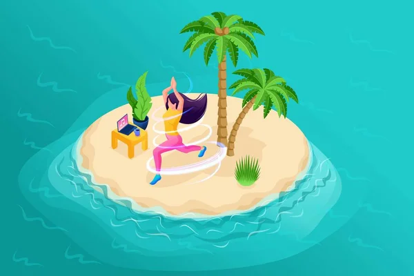 Isometría 3D, niña meditando en la playa, portátil con música para la meditación, aprender nuevas asanas. Ilustración de alta calidad para publicidad — Archivo Imágenes Vectoriales