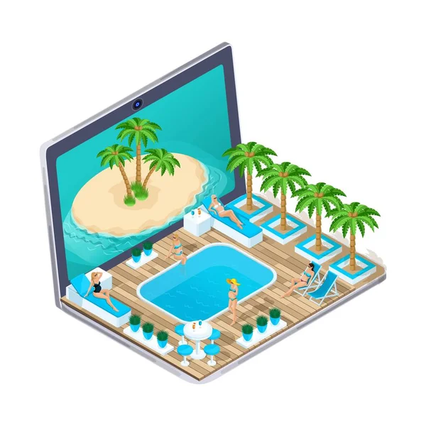 3D isometric. Advertising concept of tours. Online viewing of apartments, choosing a tour via the Internet, vacation for pregnant women. Vector illustration — ストックベクタ