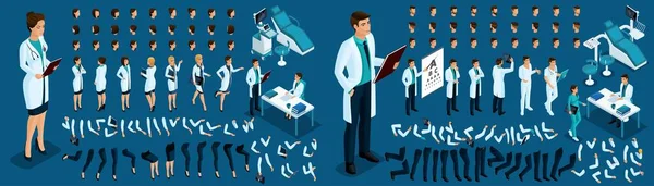 Isometric constructor. Woman and a man are doctors, surgeons with a set of gestures and emotions. Create your own character. Set of furniture for a hospital room — Stock Vector