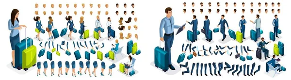 Isometrisch creëer je personage, zakenvrouw en zakenman op de luchthaven. Set van gebaren van handen, voeten, emoties van het karakter, een set van verschillende kapsels. Set 1 — Stockvector