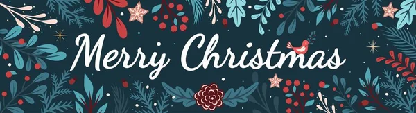 Christmas and Happy New Year Card template. Decorated with pine branches, mistletoe, winter plants and flowers. Merry Christmas. Vector design element — Stockvektor