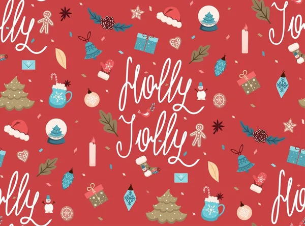 Christmas and New Year Seamless Pattern with Christmas Elements. Holly Jolly. Vector Texture for printing and clothing design — Stock vektor