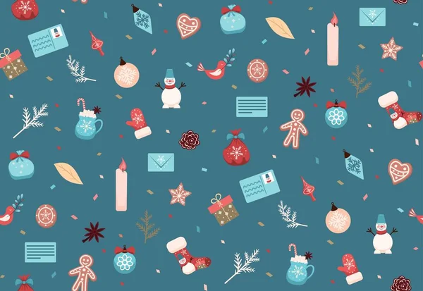 Cozy seamless Christmas pattern with festive elements, Christmas tree branches and toys, decorations, birds and gifts. Illustration for vector images. Texture for printing and fashion design — ストックベクタ