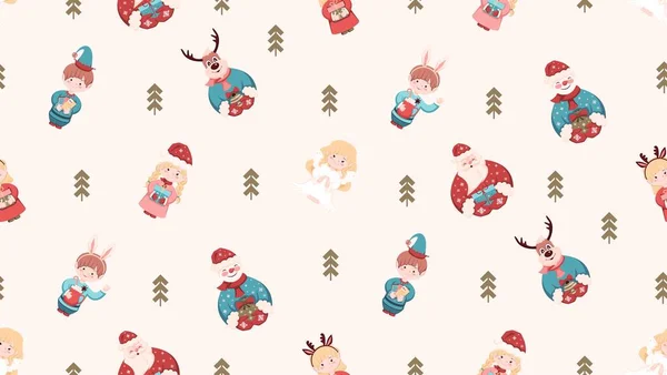 Christmas seamless pattern with festive characters, Santa Claus, Reindeer, Snowman and kids. Illustration for vector images. Texture for printing and fashion design —  Vetores de Stock