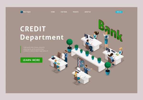 Isometric Bankaların Çalışmalarının Boyutlu Çizimi Kredi Verilmesi Banka Çalışanlarının Müşterilere — Stok Vektör