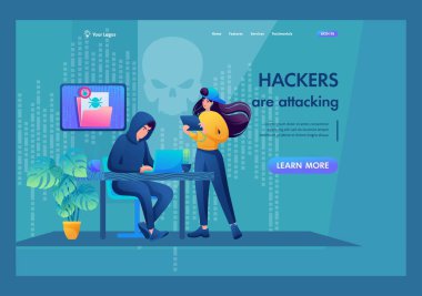 Genç hackerlar postaya giriyor, virüs yolluyor, veri çalıyor. İniş sayfası kavramı.