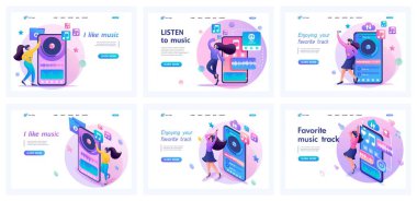 Müzik aşkıyla ilgili bir dizi iniş sayfası. Isometric 3D ve 2D çizimler. Müzik dinle, müzikten zevk al, müzikle dans et, mobil uygulama.