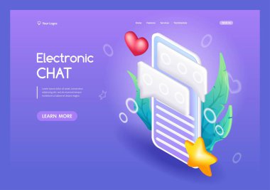 Üç boyutlu Isometric, çizgi film. Cep telefonundan elektronik sohbet. Smartphone sms konuşma baloncukları ekrandaki uyarılara basın. Eğilim İniş Sayfası.