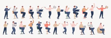 Çalışmanın, resim çizmenin, dizüstü bilgisayarın başında çalışmanın, şiir yazmanın, program yazmanın keyfini yaşayan bir grup mutlu genç adam. Renkli düz vektör çizimi.