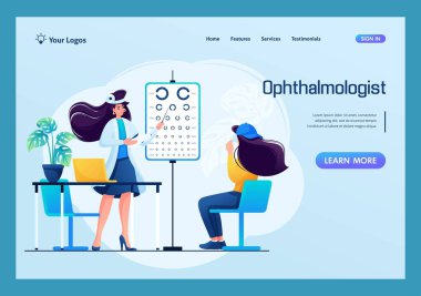 An ophthalmologist in his office tests the patient, checking his vision. Concept for landing page.