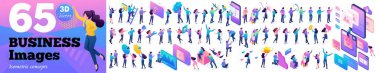 Isometric Kavramlarını Ayarla. Haritaları ve grafikleri olan genç iş adamları veri toplayıp araştırıyorlar. Cihazlar, akıllı telefonlar kullanarak. Vektör Resimleri İçin.
