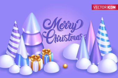 Realistic 3D Isometric illustration, Cartoon. Bright Christmas illustration with beautiful Christmas trees and gifts in the snow. Xmas abstract background. Holiday greeting card.