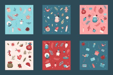 Set of Christmas Textures. Illustration decorated with festive elements, fir branches, snowman, gifts, Christmas toys and cocoa with marshmallows.