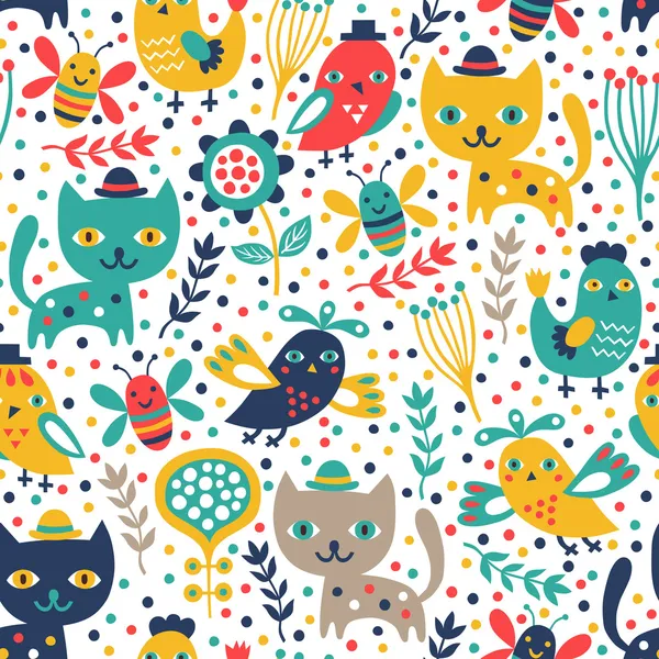 Mignon chat et oiseau motif sans couture — Image vectorielle