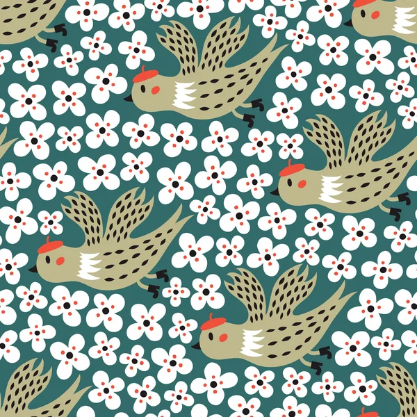 Vogel und Blume nahtlose Muster — Stockvektor