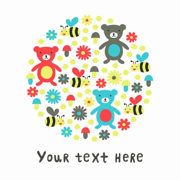 Bear and bee round card — Stock Vector